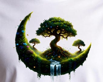 Fantasy crescent moon tree shirt Unisex long sleeve tee Nature landscape graphic top Boho mystic art T-shirt Gift for men women nature lover