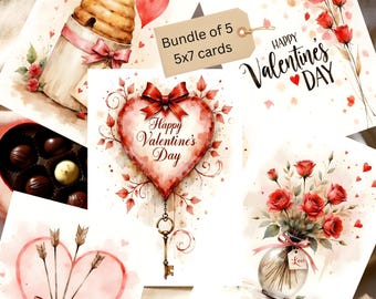 Valentine's Day Watercolor style card bundle Includes 5 PRINTABLE 5x7 greeting cards Instant digital download stationery DIY party needs