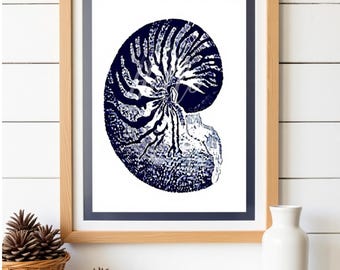 Nautilus seashell wall art Vintage coastal ocean décor Beachy sea life design with Navy blue border Printable INSTANT DIGITAL DOWNLOAD Gift