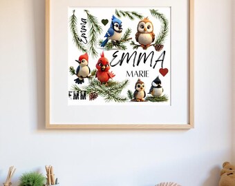 Baby birds owl cardinal Personalized name PRINTABLE wall art & clip art Digital download nursery décor Custom toddler birthday DIY stickers