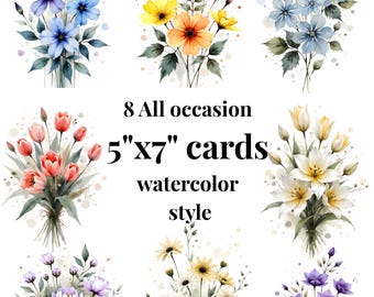 Watercolor card bundle floral all occasion 8 PRINTABLE 5x7 greeting cards instant digital download stationery DIY party needs w/ tulip+lily