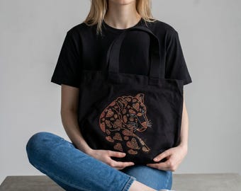 Handmade Rhinestone Tiger Tote Bag – Sparkling Canvas Animal Print Shopper