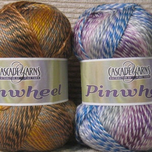 Op de afbeelding: Twee strengen Cascade Yarns Pinwheel garen. Eén streng is een mix van bruin, goud en zwart. De andere is een mix van blauw, paars en wit. Elke streng heeft een label met het Cascade Yarns logo en het woord "Pinwheel".