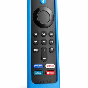 May include: A black Fire TV remote with a blue frame. The remote has a power button, a microphone button, and various navigation and media control buttons. It features buttons for Prime Video, Netflix, Disney+, and YouTube.
