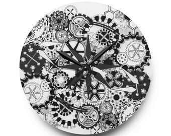 Steampunk Acryl Wanduhr, Einzigartige Wohnkultur, Funky Uhr für Haus oder Büro, Schwarzweiß-Uhr, Wählbares Getriebe-MNDBND73013B