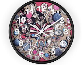 Unique Pink Boho Clock Decorative Timepiece Funky Original Art Gift for Home or Office Colorful Cheerful Abstract-Peacock MNDBND45740A