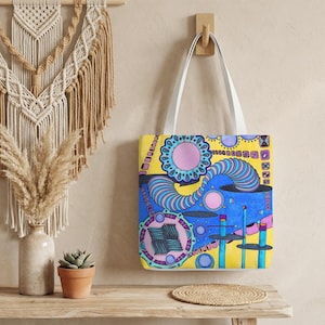 Kleurrijke draagtas, draagtas met abstracte kunst, herbruikbare boodschappentas, zachte strandschoudertas, boekentas, lunchbox op kantoor, cadeauzakje