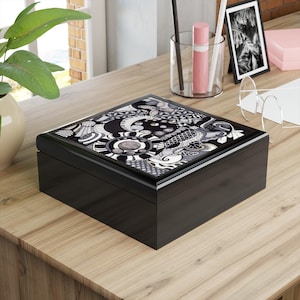 Chic Jewelry Box with Abstract Design, Elegant Black and White Jewelry Box, 6&quot;x6&quot;, Wooden Box, Trinket Box, Jewelry Box, Focus-MNDBND 63384