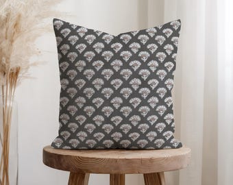 Dark Gray Black Floral Block Print Pillow Cover | Moody Cottagecore Cushion | Dramatic Botanical Throw Pillow | 12x20 18x18 22x22
