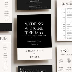 May include: A collection of wedding stationery templates featuring a black and white color scheme. The central document displays the text Wedding Weekend Itinerary, Saturday October 11, 2026, The Palmetto Club, Charleston, SC, Charlotte & James.