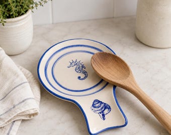 Reposacucharas de cerámica pintado a mano: diseños de vida marina y setas – Soporte para utensilios de cocina