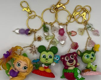 Disney Flower Character Keychains - Doorables Beaded Bag Charm, Rapunzel, Mickey, Lotso, Bambi