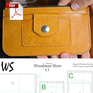 May include: A handcrafted, mustard-colored leather wallet with a snap closure and a small pocket. The wallet is embossed with "Woodman Store". A PDF document is in the upper left corner. The wallet is held by a person.