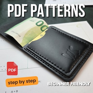 Op de afbeelding: Zwart leren portemonnee met een geldclip, met een eurobiljet. De afbeelding bevat de tekst "PDF PATTERNS", "PDF", "step by step" en "BEGINNER FRIENDLY". De portemonnee heeft een gestikte rand en een reliëf ontwerp.