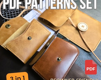 Leather PDF Pattern Bundle: Wallet, Cardholder, Phone Pouch (3-in-1 Beginner Set)