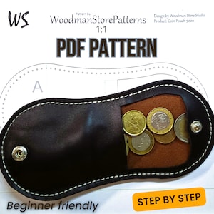 May include: A black leather coin pouch with white stitching, holding several coins. The pouch has a snap closure and a brown interior. Text on the image reads "PDF PATTERN" and "Beginner friendly".