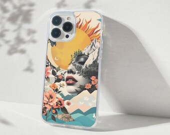 May include: Clear phone case featuring a surreal art design. The artwork includes a woman's face, a yellow sun, mountains, and flowers in shades of orange, pink, and blue. The case is made of transparent plastic and has a camera cutout.