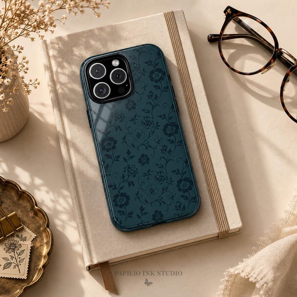 Custodia per telefono floreale color verde acqua scuro per iPhone, Samsung, Google Pixel / Custodia botanica damascata vintage effetto malinconico