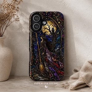 May include: A smartphone case featuring a stained glass style illustration of a witch holding a broomstick under a large yellow moon with an owl perched in a tree. The design incorporates deep purple, blue, and gold tones with intricate patterns.