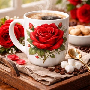 Può includere: Una tazza da caffè bianca con un grande motivo a rosa rossa, piena di caffè fumante, è appoggiata su un vassoio di legno. Il vassoio contiene anche zollette di zucchero, chicchi di caffè e un cucchiaio d'oro. Rose rosse e biscotti sullo sfondo.