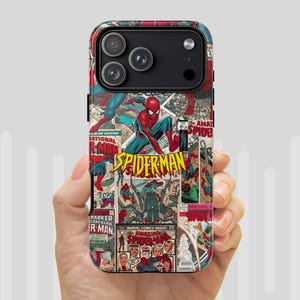 May include: A smartphone case featuring a collage of vintage Spider-Man comic book covers. The design includes various action scenes, the iconic red and blue character, and the yellow Spider-Man logo prominently displayed in the center of the back panel.