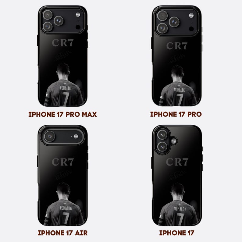 K&ouml;nnte beinhalten: Schwarze iPhone-H&uuml;llen mit einem Graustufenbild eines Fu&szlig;balltrikots mit der Nummer 7 und dem Namen Ronaldo. Die H&uuml;llen zeigen auch den Text "CR7" und sind f&uuml;r iPhone 17 Modelle.