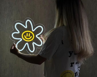 Led-neonbord Smiley Daisy – vrolijke kamerdecoratie, kindercadeau (14 x 14'')