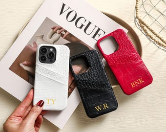Crocodile Embossed Vegan Leather Phone Case with Card Slot, iPhone 17 16 15 14 13 Case,Initial Custom Monogram Phone Case Cover