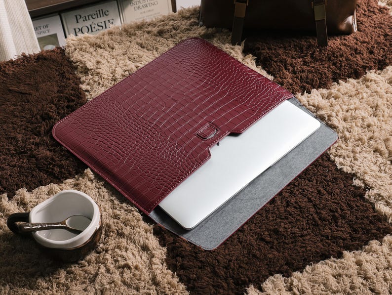 Personalized Crocodile Embossed Laptop Case with Gold Foil Name, Vegan Leather MacBook Air & Pro Sleeve 13" 14" 15" 16", Gift for Her image 3