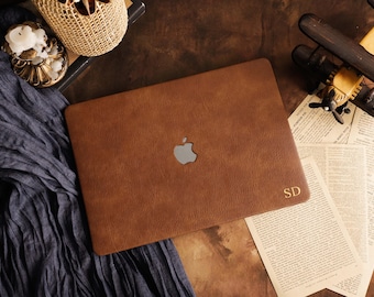 Benutzerdefinierte Retro Brown Muster Leder MacBook Hülle, personalisierte Hülle mit Goldfolie für MacBook Pro Air 13 14 15 16, Neo A18, Geschenk für Sie