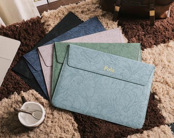 Personalized Retro Embossed Flower Leather Laptop Case with Gold Foil Name, Slim Magnetic Sleeve for 13 14 15 16” Laptops, Gift idea for her
