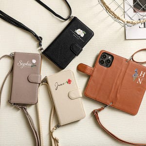 Custom Flowers Leather Flip iPhone 17 Case,Card Holder Phone Cover for iPhone 16,16E,15,14,13,12,11 Plus, Crossbody Strap Wallet Phone Case