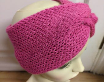 Handmade knitted bright pink turban style headband
