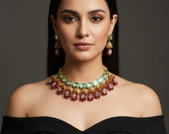 Handmade Kundan Bridal Jewelry Set, Gold Plated Choker Necklace with Earrings, Indian Wedding Jewelry