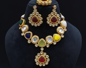 Multicolor Kundan Necklace Set, Gold Plated Indian Bridal Jewelry, Polki Necklace With Earrings