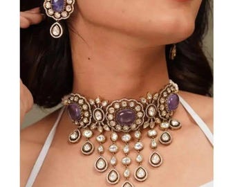 Set di collana girocollo indiana Kundan, gioielli da sposa indiani con pietre preziose, set da sposa