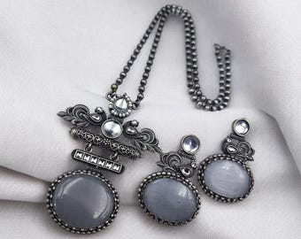 Oxidized Silver Necklace Earring Set, Grey Stone, Vintage Tribal Jewelry