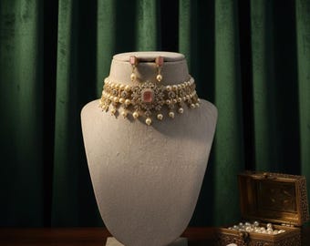 Gargantilla Kundan hecha a mano, joyería de boda india, gargantilla estilo Bollywood con pendientes.