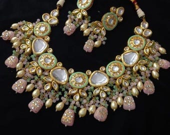 Bridal Kundan Necklace Set, Indian Wedding Jewelry, Polki Pearls Jewelry,