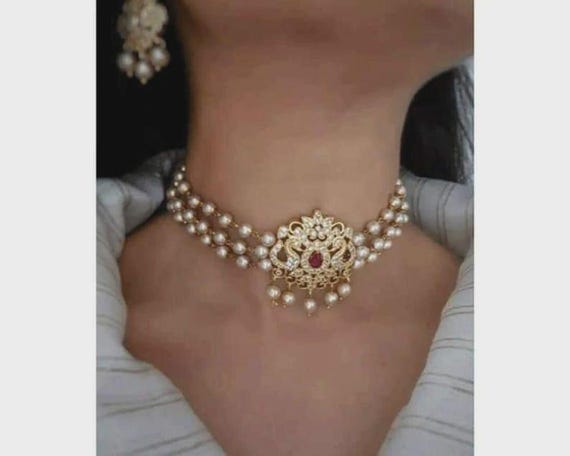 Kundan Choker Necklace Set, Gold Finish, Pearls, American Diamond, Rajputi Jewelry, Indian Wedding Jewelry