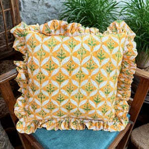 Ruffled Pillow Sham Cotton Pillow case with Ruffle Linen Textured Cushion Cover with Frill Block Print Cotton Cushion Cover, Frill cushions