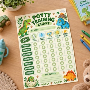 Könnte beinhalten: Ein Töpfchen-Trainingsplan aus Papier mit grünen Dinosaurier-Illustrationen, einem Raster für die Wochentage und Spalten für Aufgaben wie Töpfchengang, Händewaschen, Unterwäsche anziehen, versucht und gut gemacht, mit Platz für Namen.