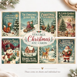 Könnte beinhalten: Eine Sammlung von sieben rechteckigen Weihnachtskarten mit Vintage-Illustrationen eines Fuchses, Kindern auf einem Schlitten, Bären, einem Mädchen mit Baum, einem Schneemann, einem Haus, einem Reh und dem Weihnachtsmann mit dem Text Vintage Christmas ATC Cards.