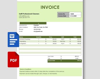 Cleaning Service Invoice Template | Housekeeping - Maid Billing Form | Editable PDF & Word