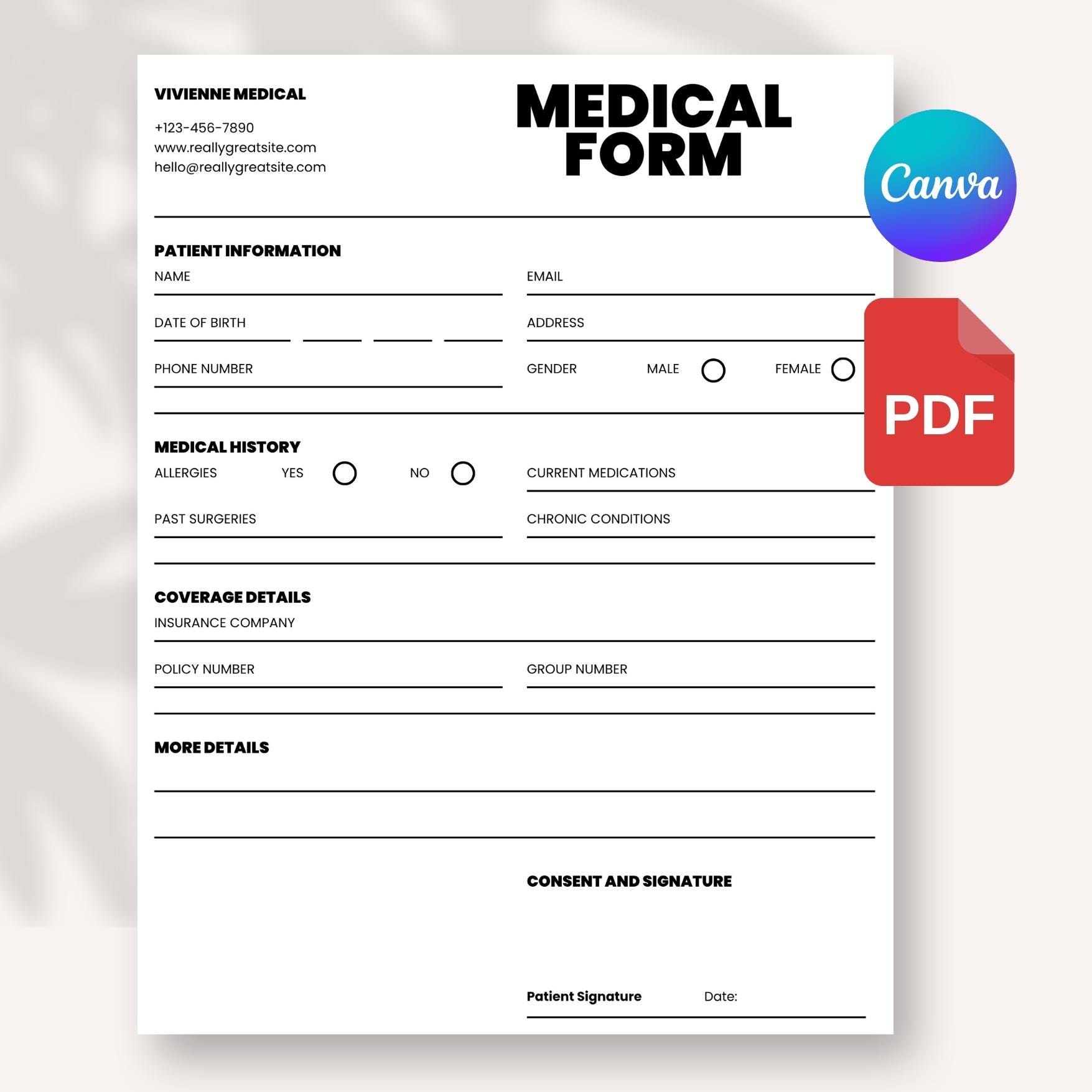 Simple Medical Form Template | Patient Information & Health History ...