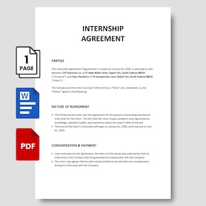 Könnte beinhalten: Ein weißes Praktikumsvereinbarungsdokument mit dem Titel "INTERNSHIP AGREEMENT". Das Dokument enthält Abschnitte mit den Titeln "PARTIES", "NATURE OF AGREEMENT" und "CONSIDERATION & PAYMENT". Symbole für eine Seite, ein Word-Dokument und eine PDF-Datei befinden sich links.