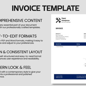 May include: A white invoice template with a blue header and footer. The text "INVOICE TEMPLATE" is at the top. The invoice includes sections for comprehensive content, easy-to-edit formats, a clean layout, and a modern look.