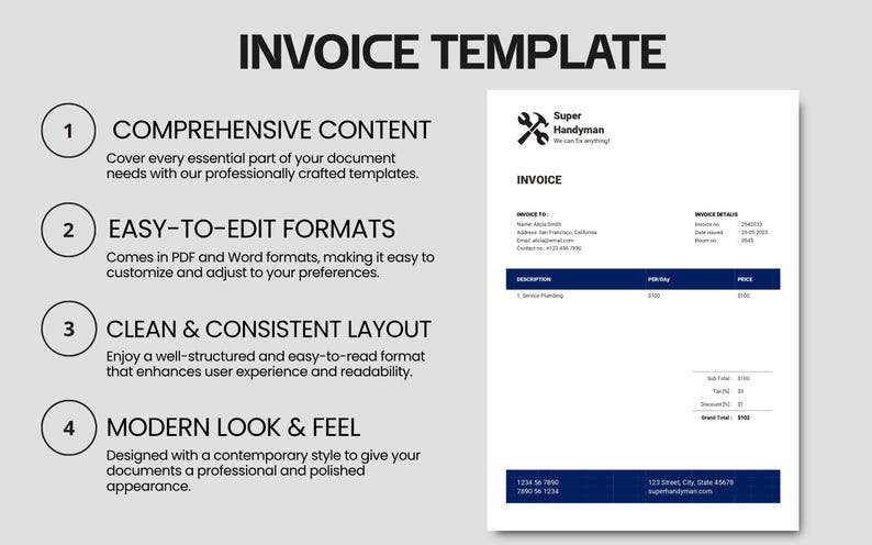 May include: A white invoice template with a blue header and footer. The text "INVOICE TEMPLATE" is at the top. The invoice includes sections for comprehensive content, easy-to-edit formats, a clean layout, and a modern look.