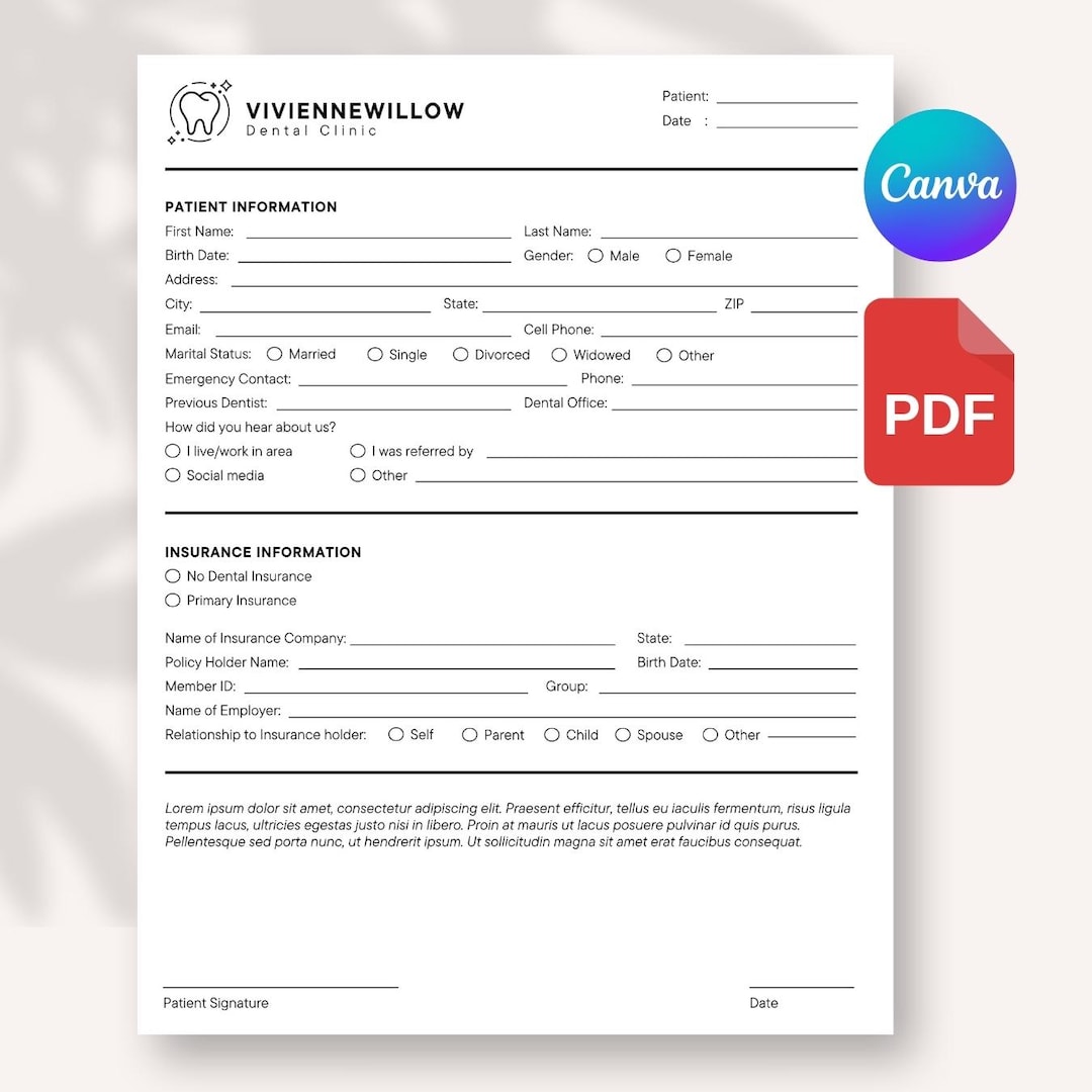Dental Patient Intake Form Template | Editable Canva Dental Clinic ...