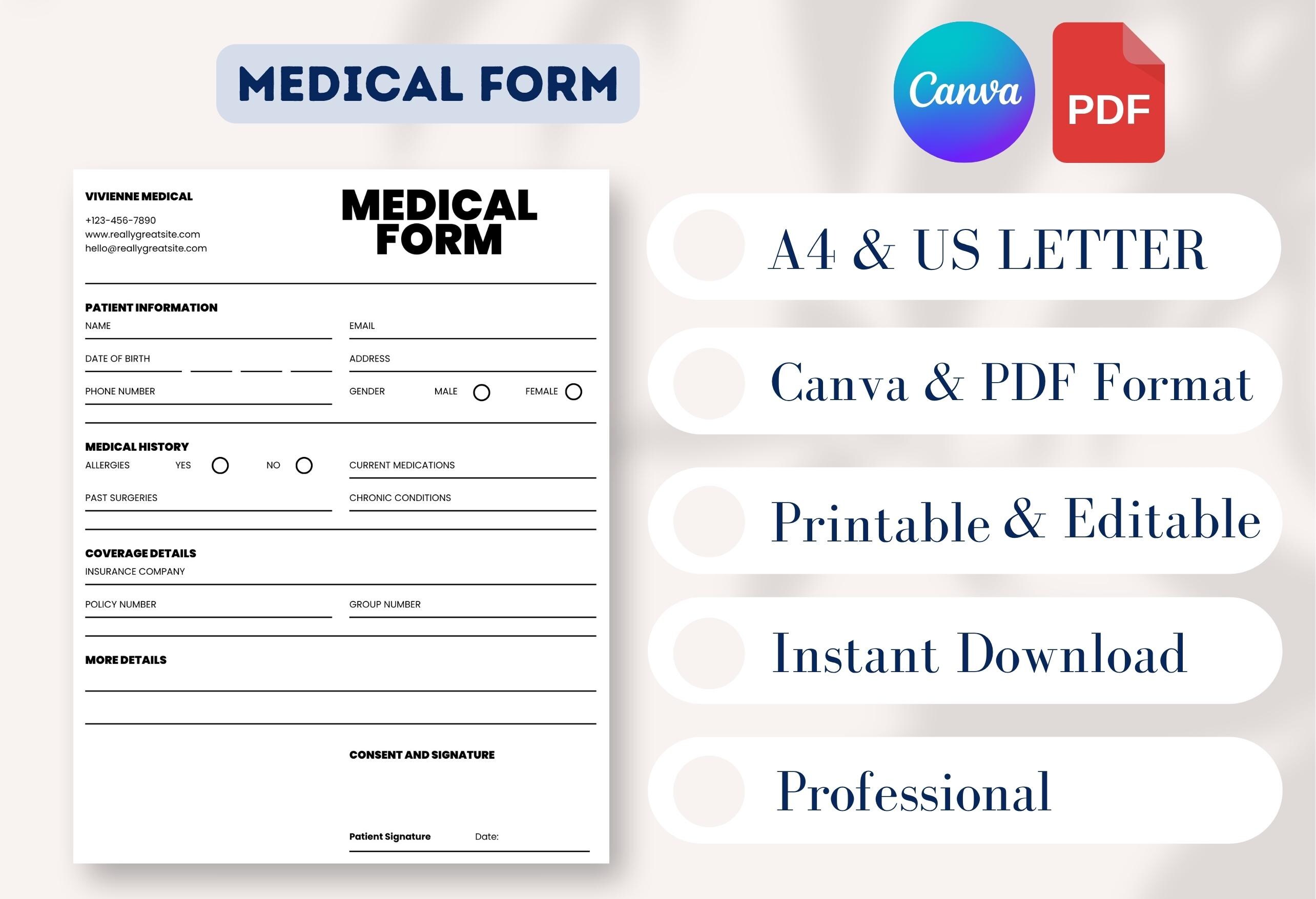 Simple Medical Form Template | Patient Information & Health History ...
